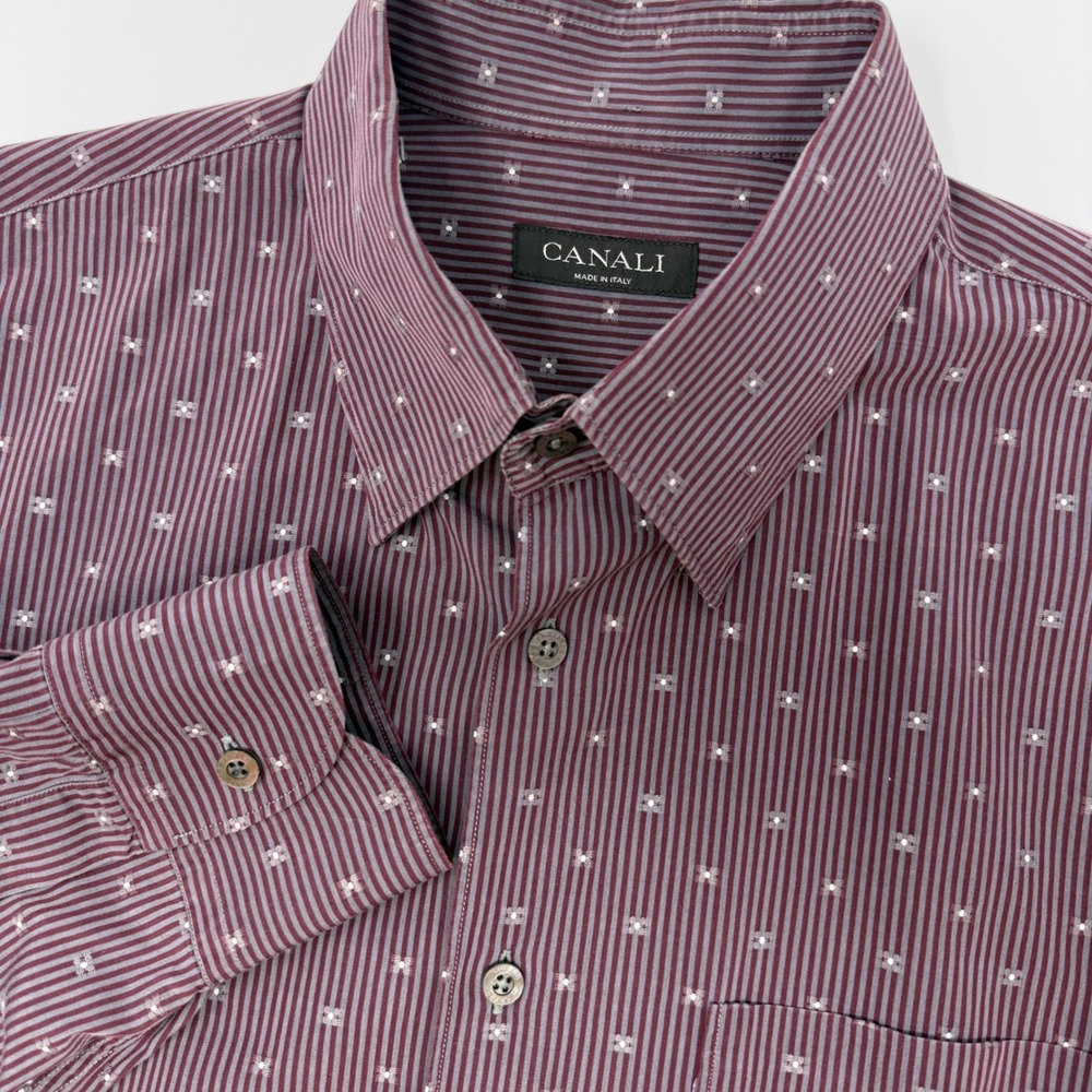 Canali Mens XL Dress Shirt Burgundy Grey Striped Geometric Cotton‎ Made in Italy